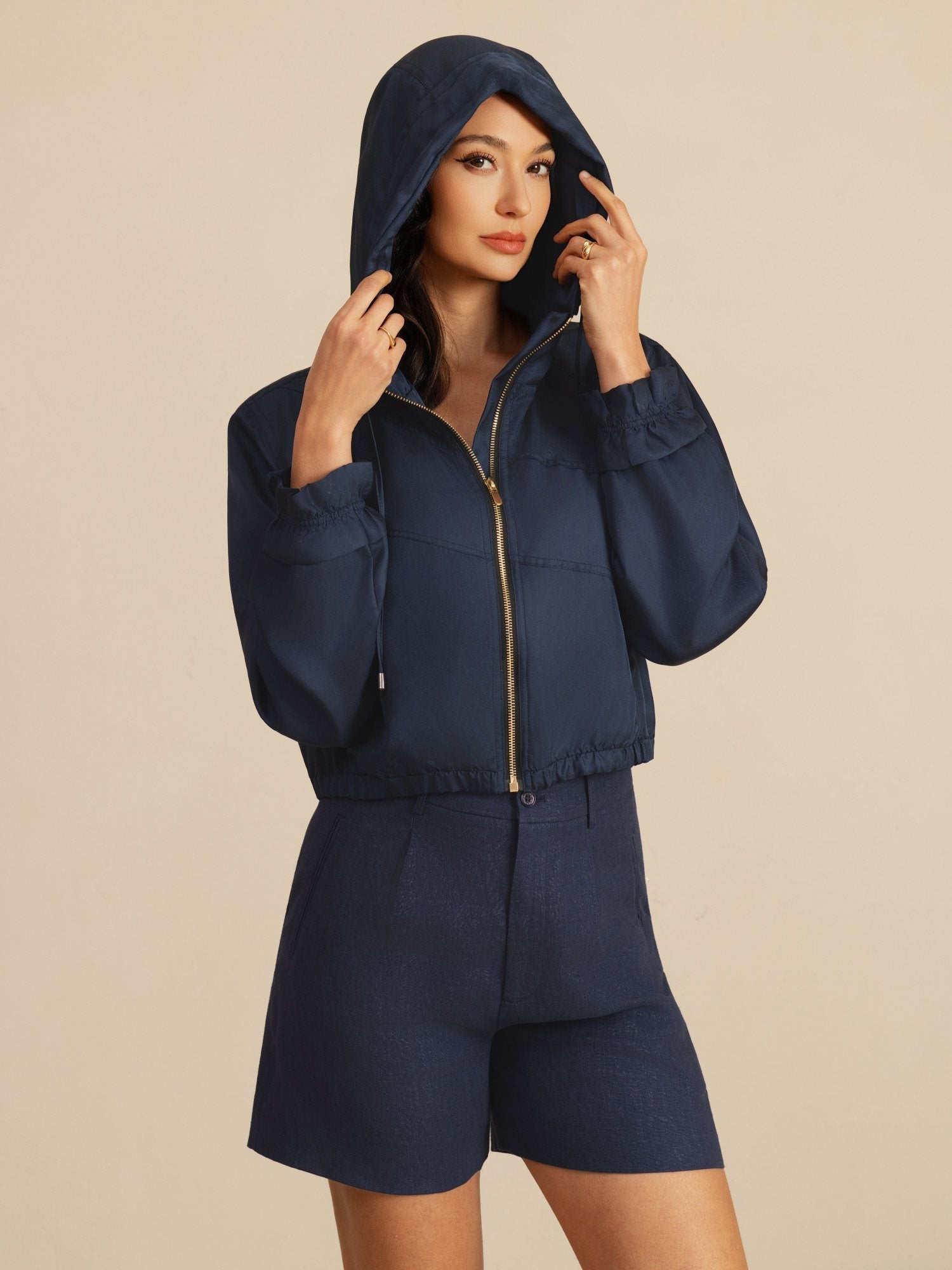 [Mørkeblå] SilkSilky-NO 18Momme Langermet Høy Hals Yttertøy for Kvinner 001