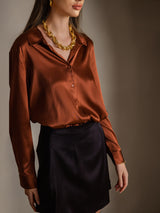 [Karamell] SilkSilky-NO Long Sleeve Lapel Collar Skjorte for Kvinner 001