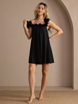 [Svart] SilkSilky-NO Sleeveless Square Neck Nattkjole 003