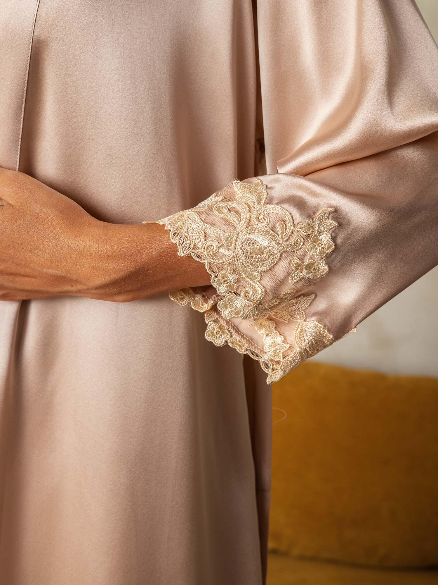 [Rosa] SilkSilky-NO Silke V-Hals Nattkjole og Morgenkåpesett 005