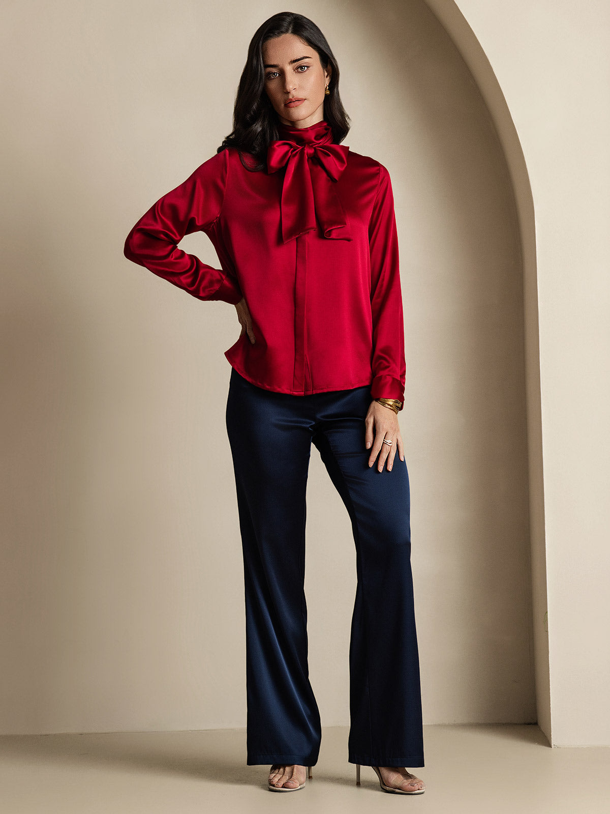 [Vin] SilkSilky-NO 19Momme Silke Long Sleeve Tie Neck Skjorte for Kvinner 008