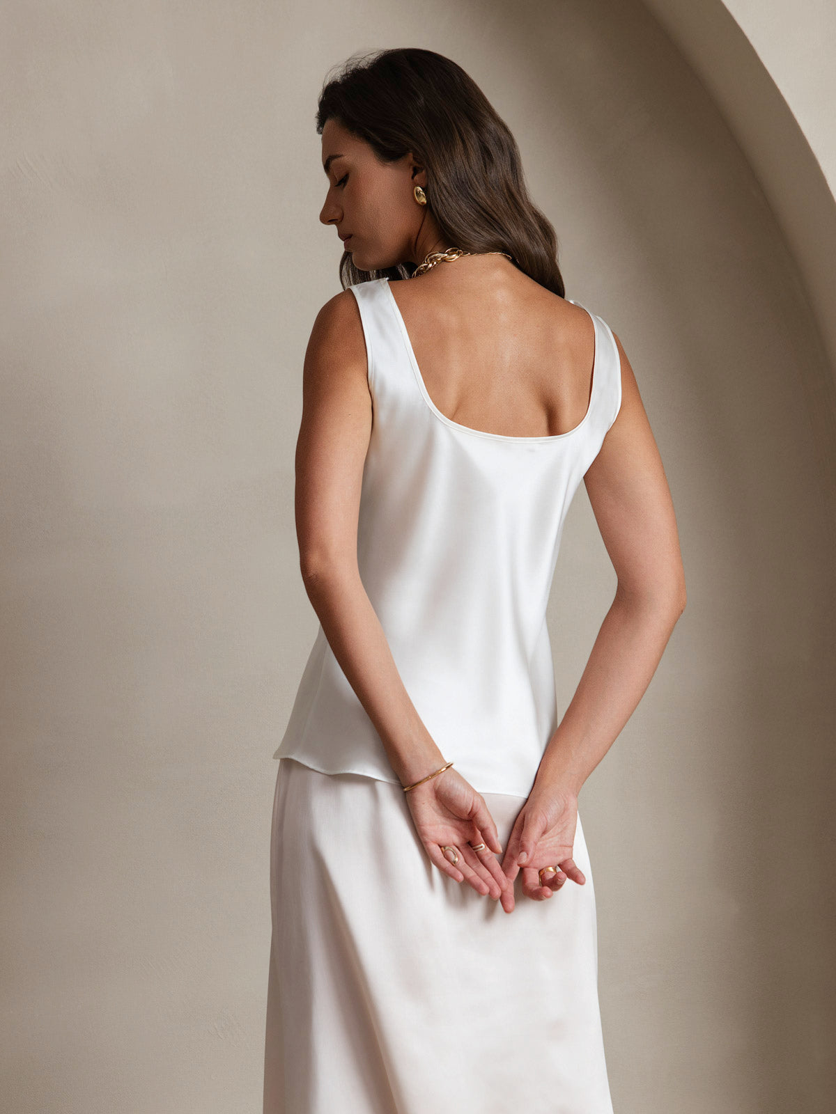 [Hvit] SilkSilky-NO 19Momme Ermeløs Dyp Rund Halsutringning Camisole Topp 002