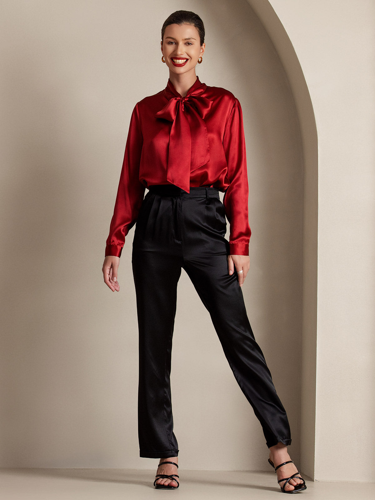 [Vin] SilkSilky-NO 19Momme Silke Long Sleeve Tie Neck Skjorte for Kvinner 008