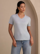 [Gråblå] SilkSilky-NO Short Sleeve V Neck T-skjorte for Kvinner 001