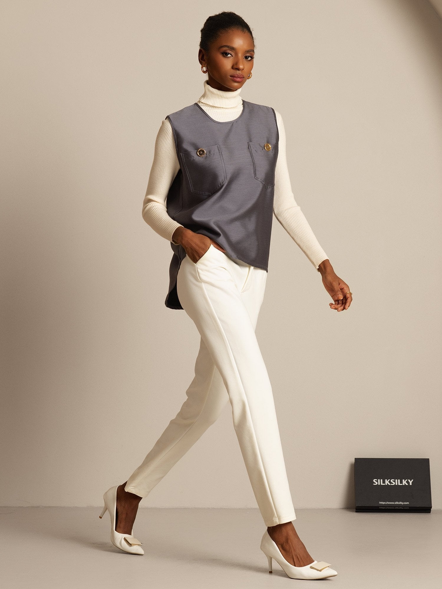 [Grå] SilkSilky-NO 32Momme Silk-Wool Blend Womens Vest 005,