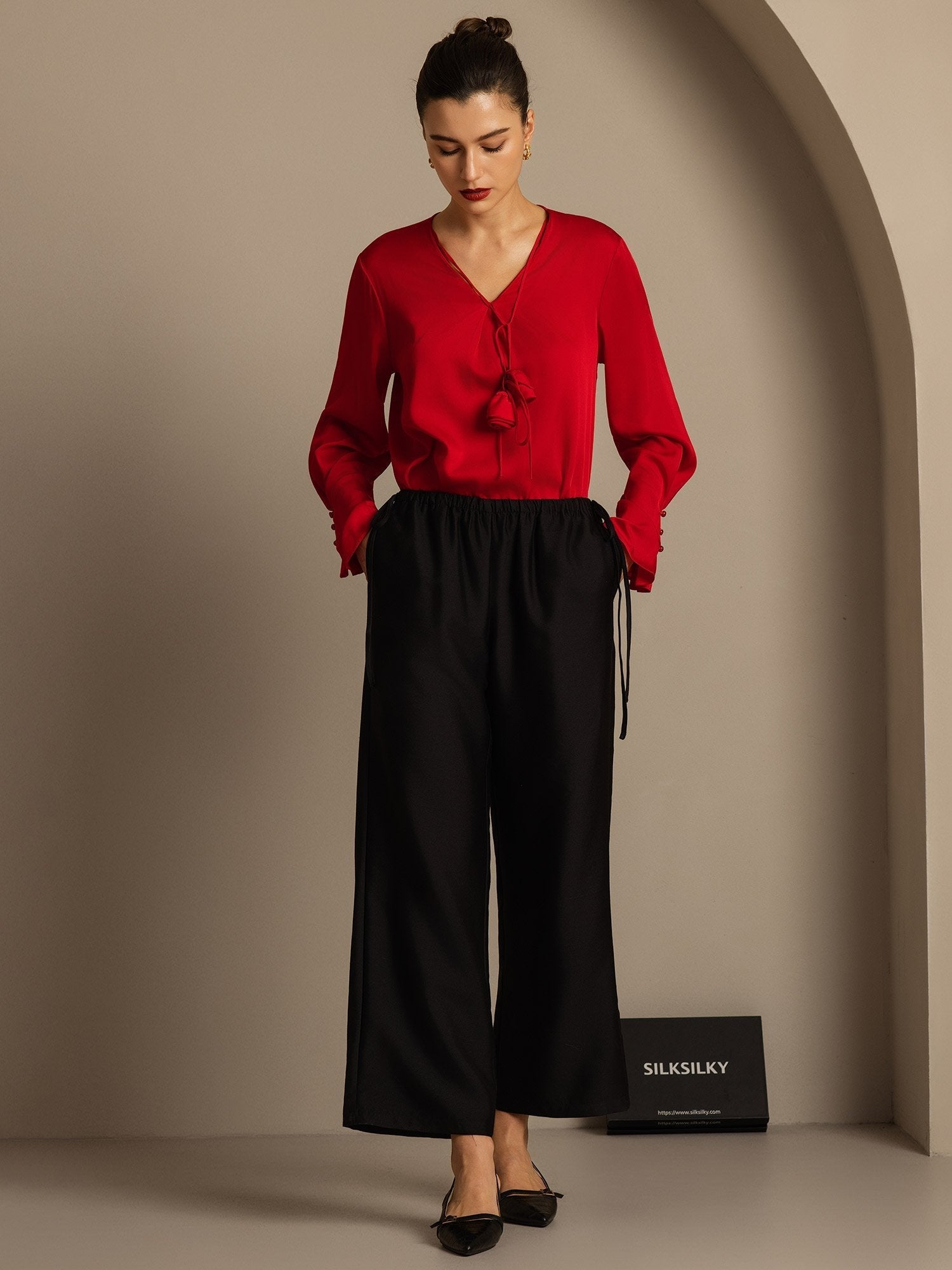 [Svart] SilkSilky-NO 32Momme Silk-Wool Blend Womens Pants 005,