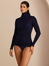 [Mørke blå] SilkSilky-NO Long Sleeve Turtle Neck T-skjorte for Kvinner 007