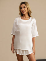[Hvit] SilkSilky-NO Short Sleeve Round Neck Pyjamas for Kvinner 003