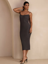 [Grå] SilkSilky-NO Spaghetti Strap Boat Neck Kjole 007