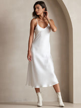 [Hvit] SilkSilky-NO Spaghetti Strap V Neck Kjole 005