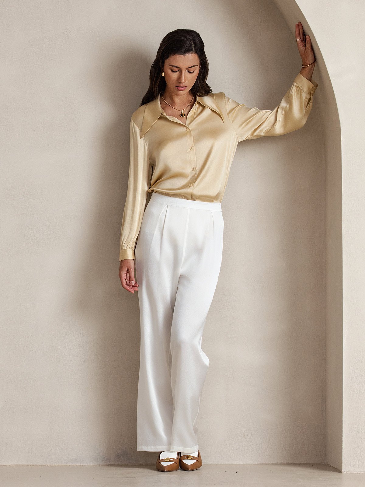 [Hvit] SilkSilky-NO 19Momme Silke Womens Pants 007