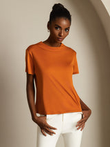 [Oransje] SilkSilky-NO 100% Silk Jersey Short Sleeve Falsk Krage T-skjorte for Kvinner 004