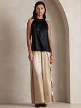 [Svart] SilkSilky-NO Sleeveless Halterneck T-skjorte for Kvinner 001