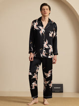 [Svart] SilkSilky-NO Long Sleeve Notch Collar Pyjamas for menn 001
