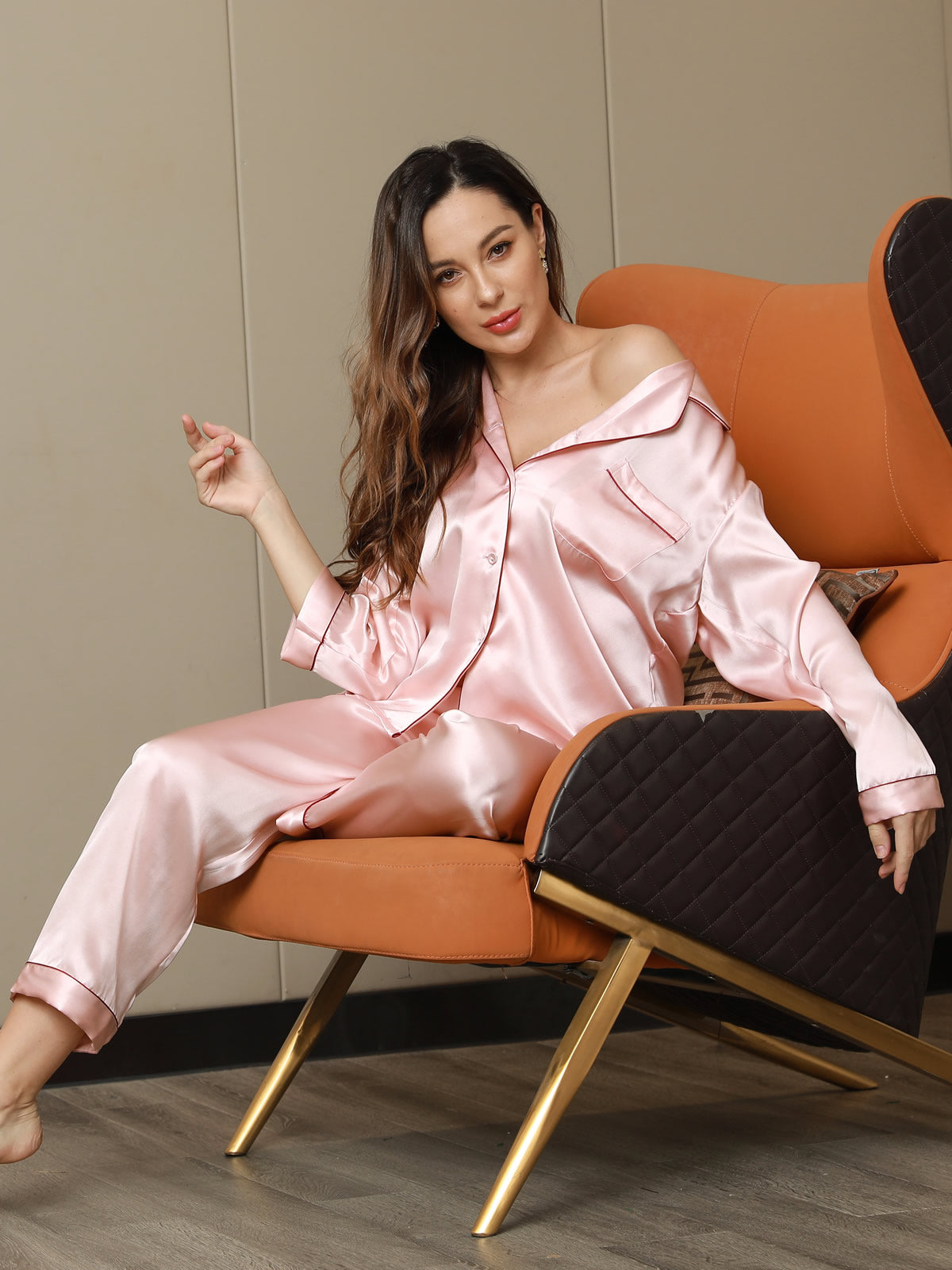 SilkSilky  Pure Silk Long Sleeve Lapel Women's Pajamas Pink 001