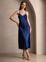 [Mørke blå] SilkSilky-NO Spaghetti Strap V Neck Kjole 001