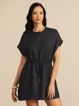 [Svart] SilkSilky-NO 18Momme Kappeermer Henley-krage Kjole 003