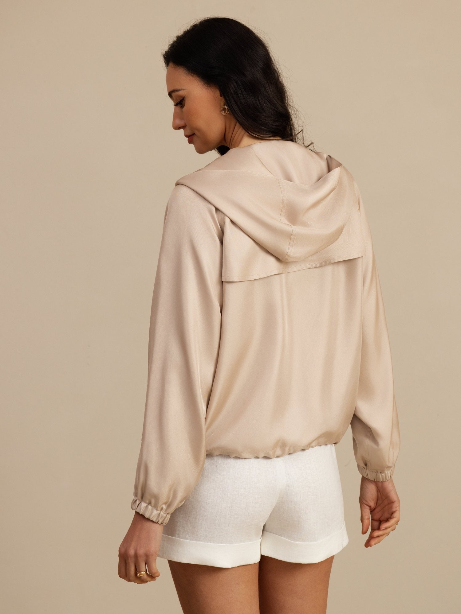 [Tan] SilkSilky-NO Langermet Høy Hals Yttertøy for Kvinner 002