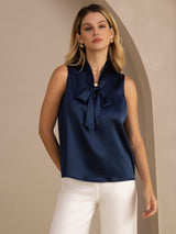 [Mørke blå] SilkSilky-NO Sleeveless Tie Neck Camisole Topp 001