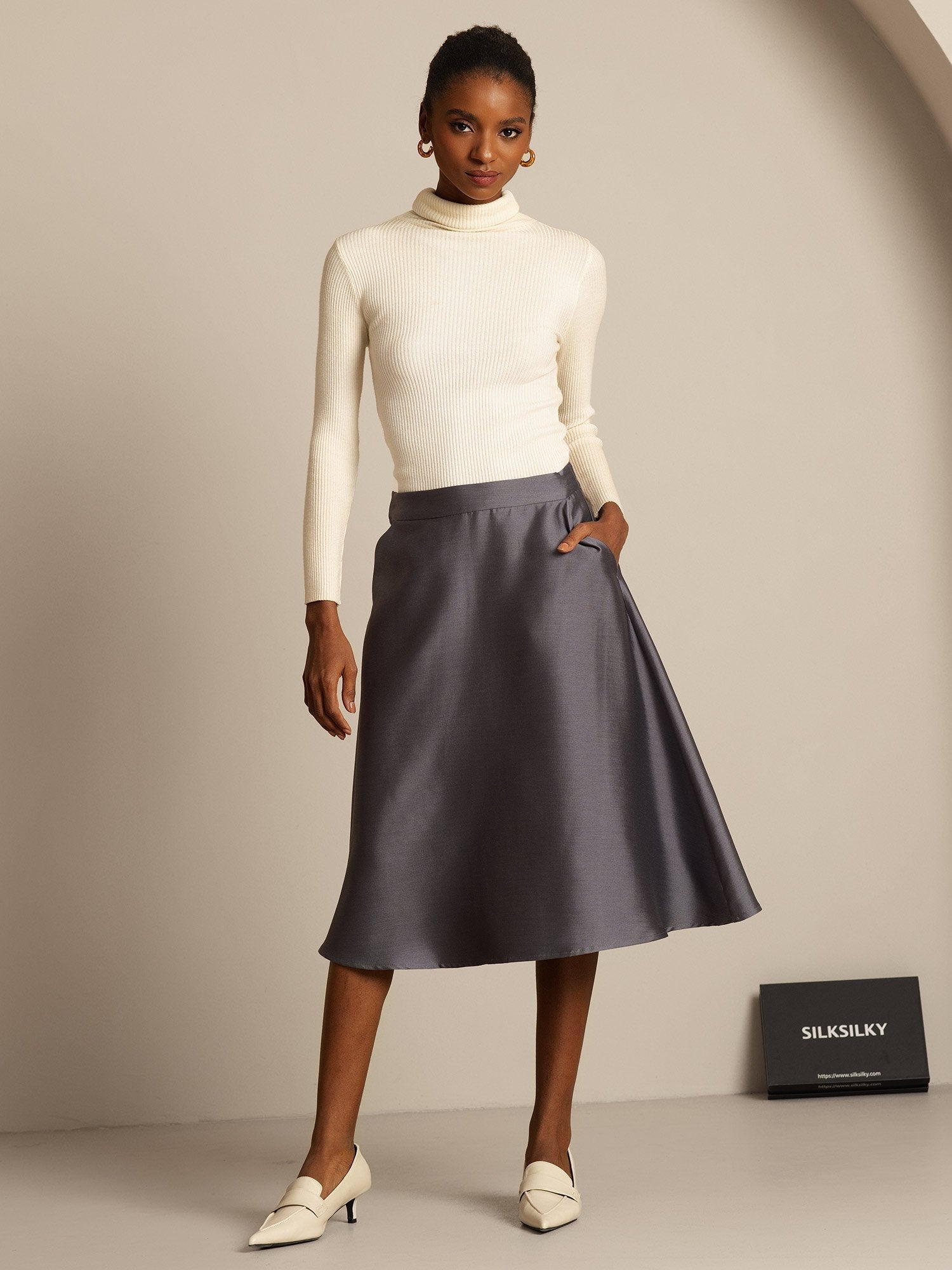 [Grå] SilkSilky-NO 32Momme Silk-Wool Blend Skirt 006,