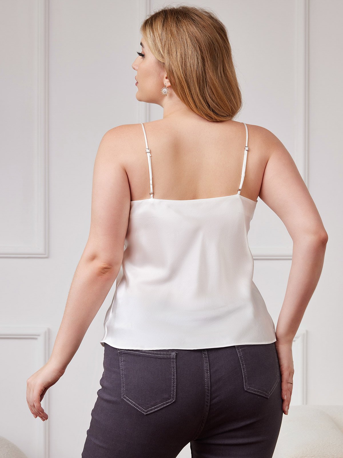 [Hvit] SilkSilky-NO Spaghetti Stropp V Hals Plus Size Camisoles 002