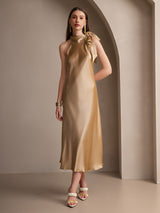 [Champagne] SilkSilky-NO Sleeveless Halterneck Kjole 006