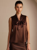 [Mørk Sjokolade] SilkSilky-NO Sleeveless Tie Neck Camisole Topp 001