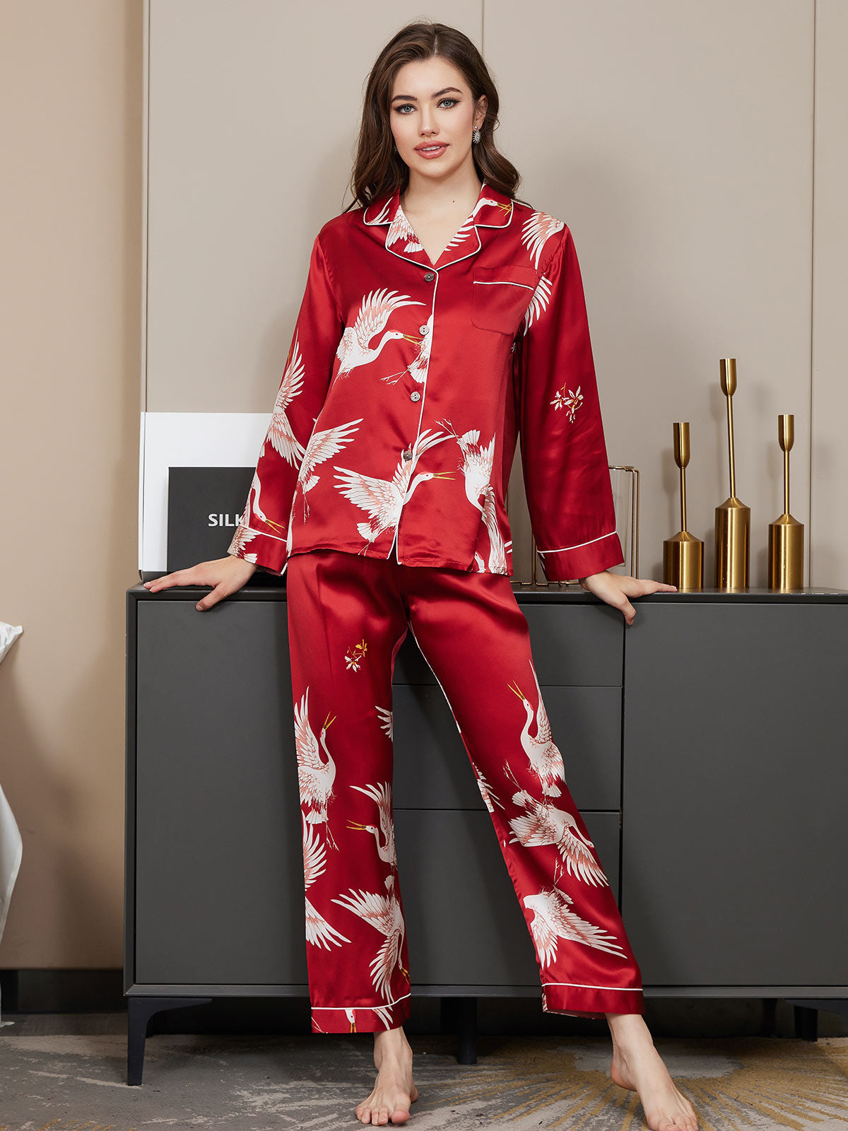 [Mørkerød] SilkSilky-NO 19Momme Womens Pajamas 003,