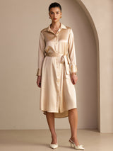 [Champagne] SilkSilky-NO Long Sleeve Lapel Collar Kjole 001