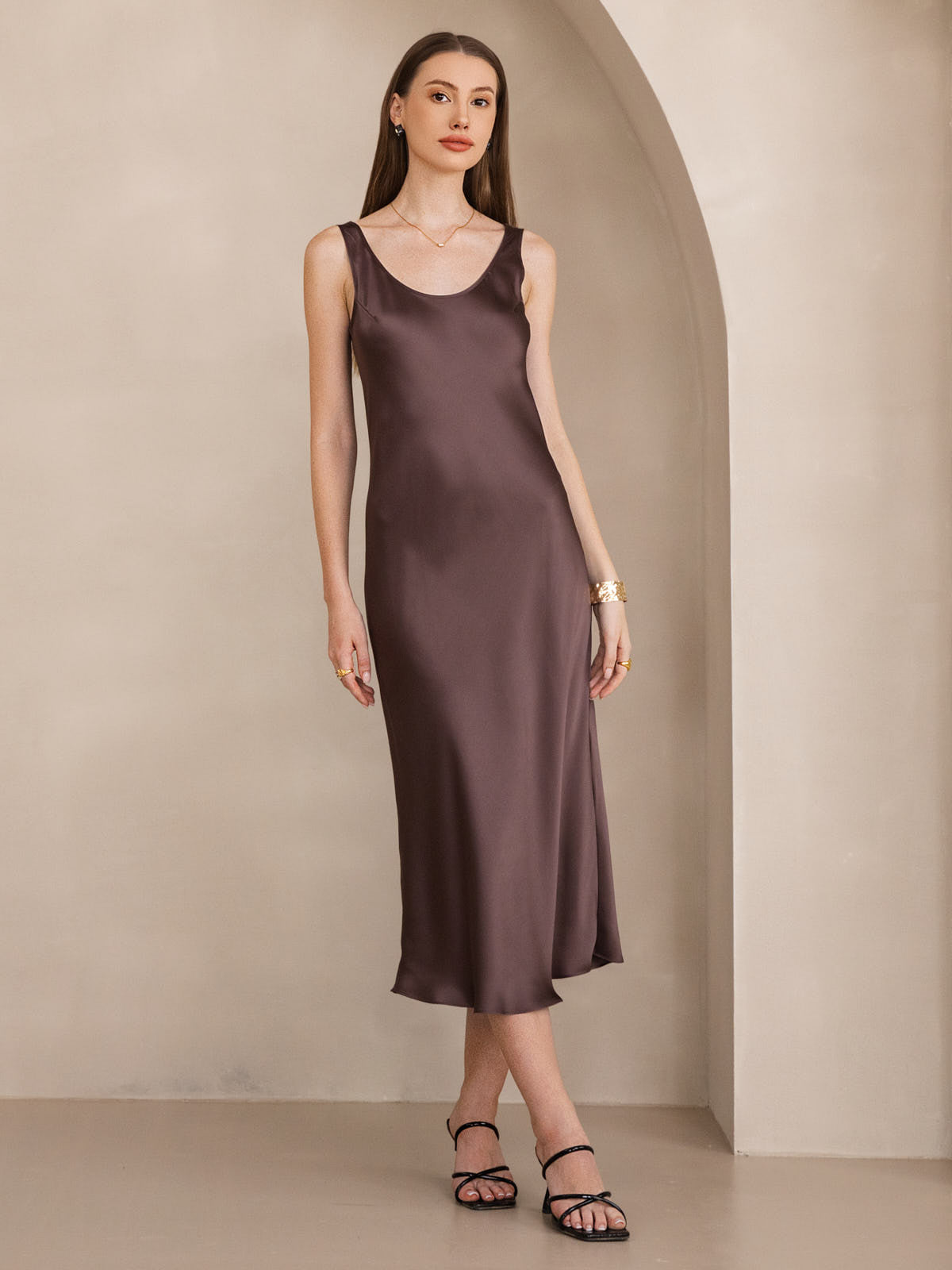 SilkSilky US Pure Silk Sleeveless Boat Neck Dress Coffee 001