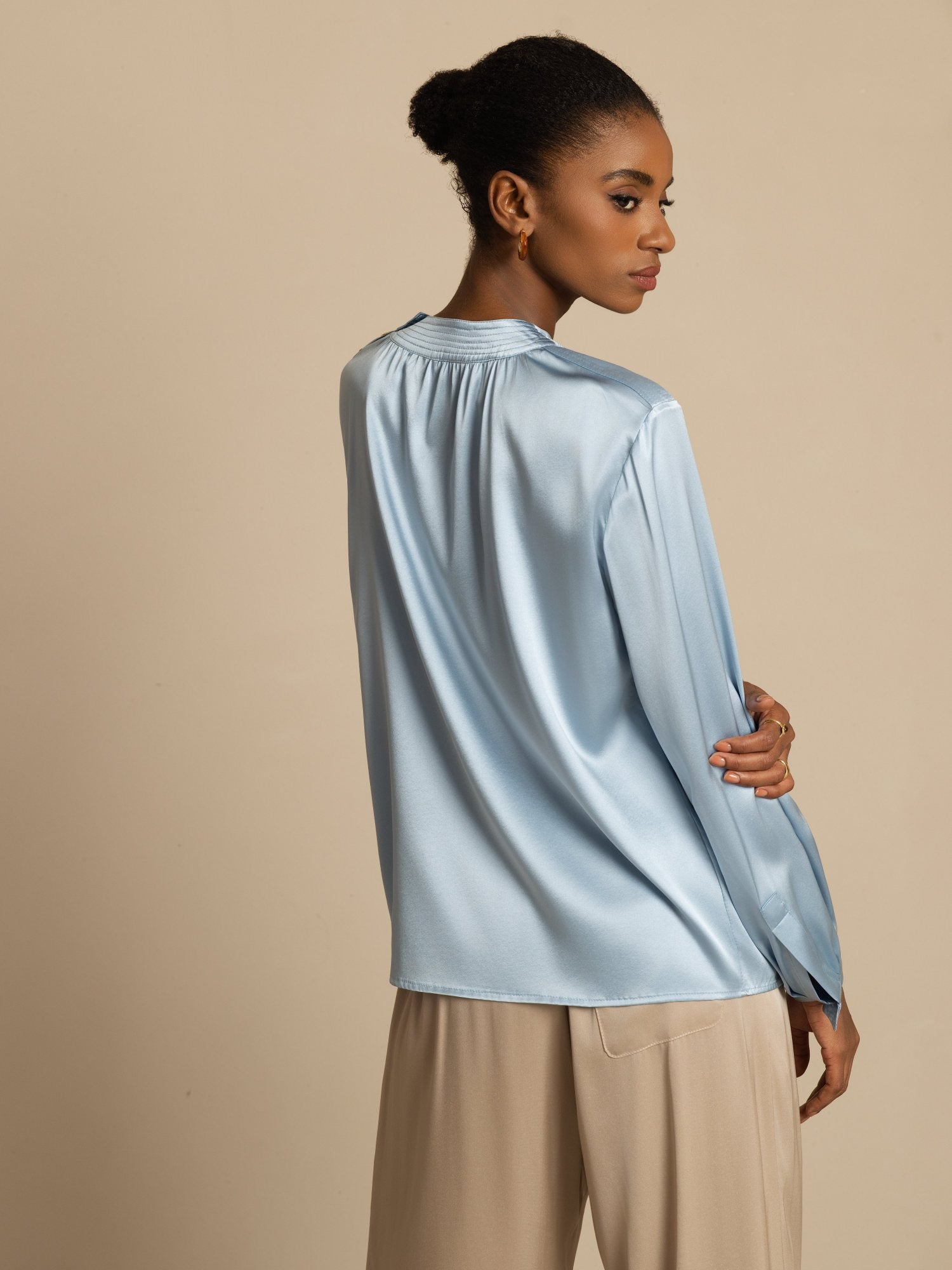 [Gråblå] SilkSilky-NO 19Momme Silke Langermet Rund Hals Bluse 002