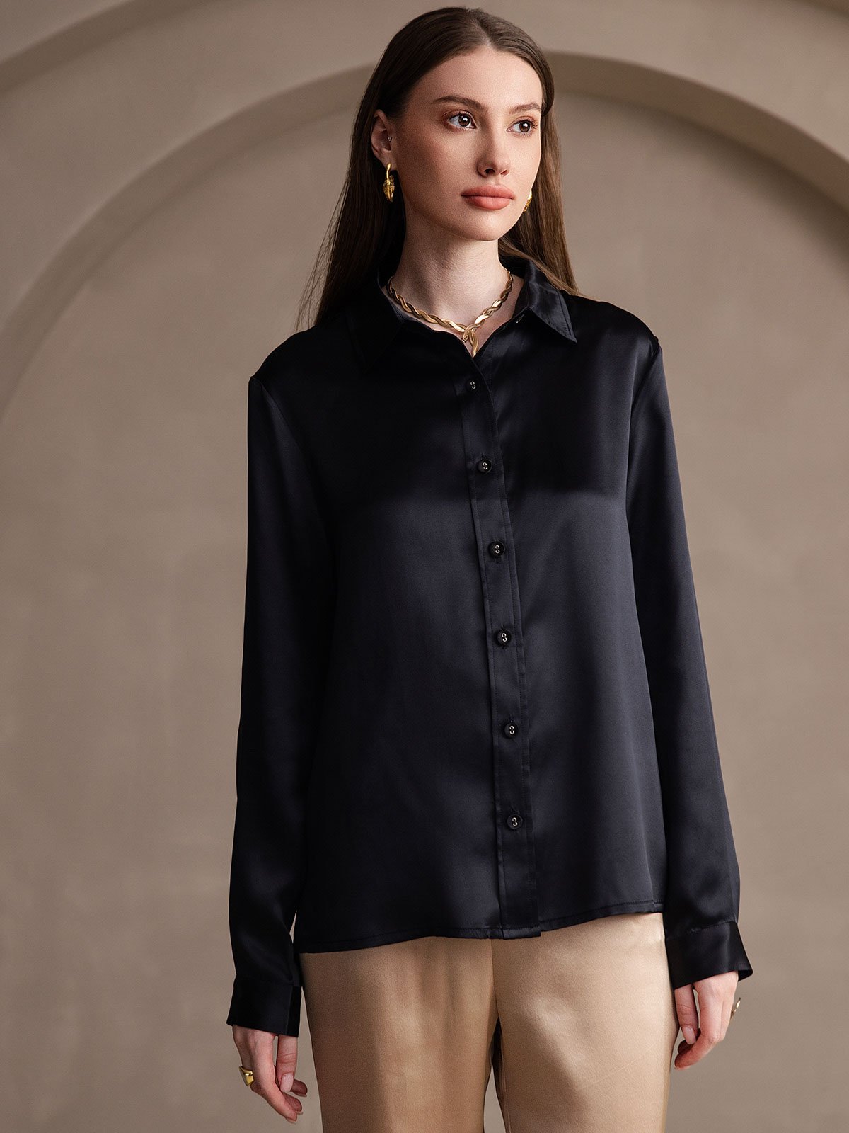 SilkSilky-NO 19Momme Silke Womens Shirt Svart 001