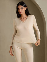[Beige] SilkSilky-NO Long Sleeve V Neck Dame Langt Undertøy 003