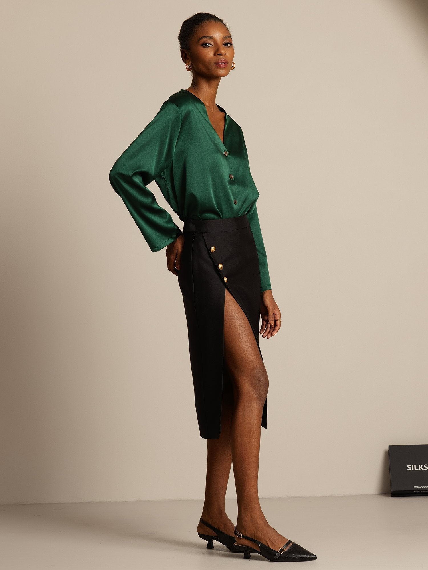 [Svart] SilkSilky-NO 32Momme Silk-Wool Blend Skirt 005,