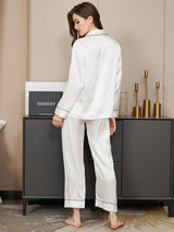 [Hvit] SilkSilky-NO Long Sleeve Lapel Collar Pyjamas for Kvinner 002