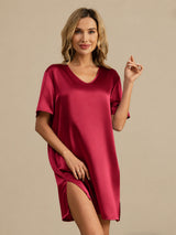 [Mørkerød] SilkSilky-NO Half Sleeve V Neck Nattkjole 001