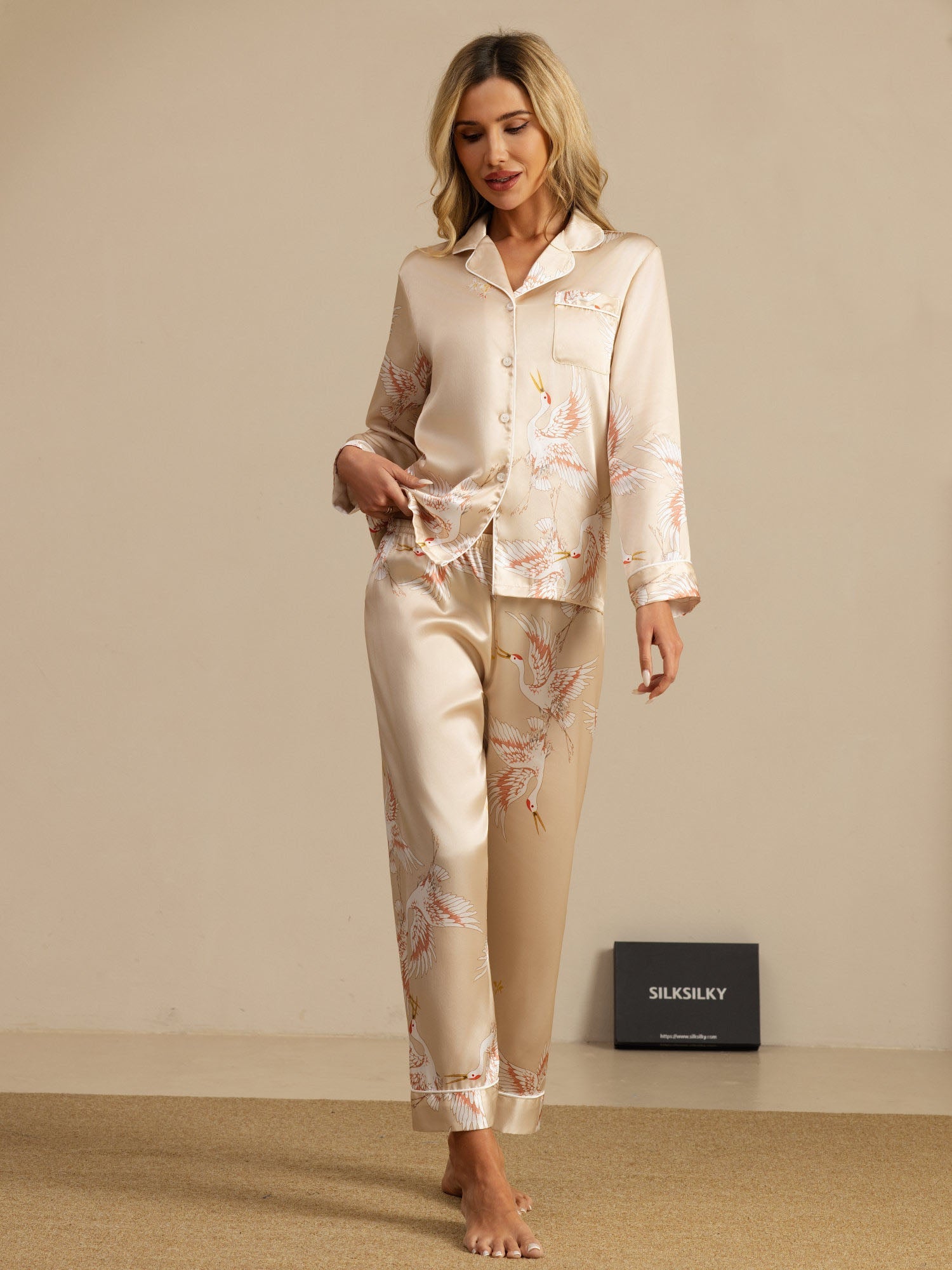 [Champagne] SilkSilky-NO 19Momme Pyjamas for Kvinner 006