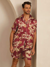 [Vinrød Drage] SilkSilky-NO Short Sleeve Lapel Collar Pyjamas for menn 001