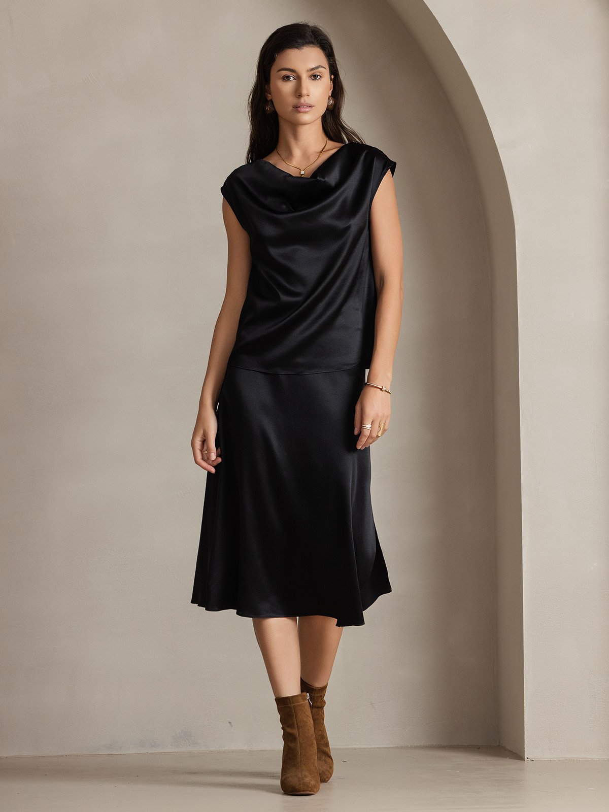 [Svart] SilkSilky-NO 19Momme Silke Cowl Neck T-skjorte for Kvinner 004