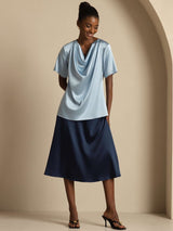 [Gråblå] SilkSilky-NO Short Sleeve Cowl Neck Damebluser 007
