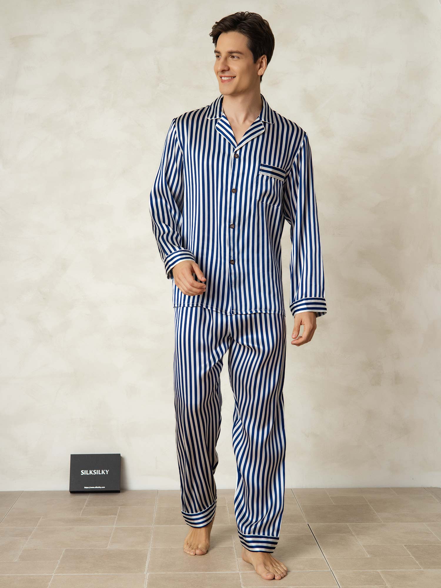[Marine Stripe] SilkSilky-NO 19Momme Mens Pajamas 001