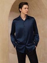 [Mørke blå] SilkSilky-NO Long Sleeve Lapel Collar Skjorte for Menn 003