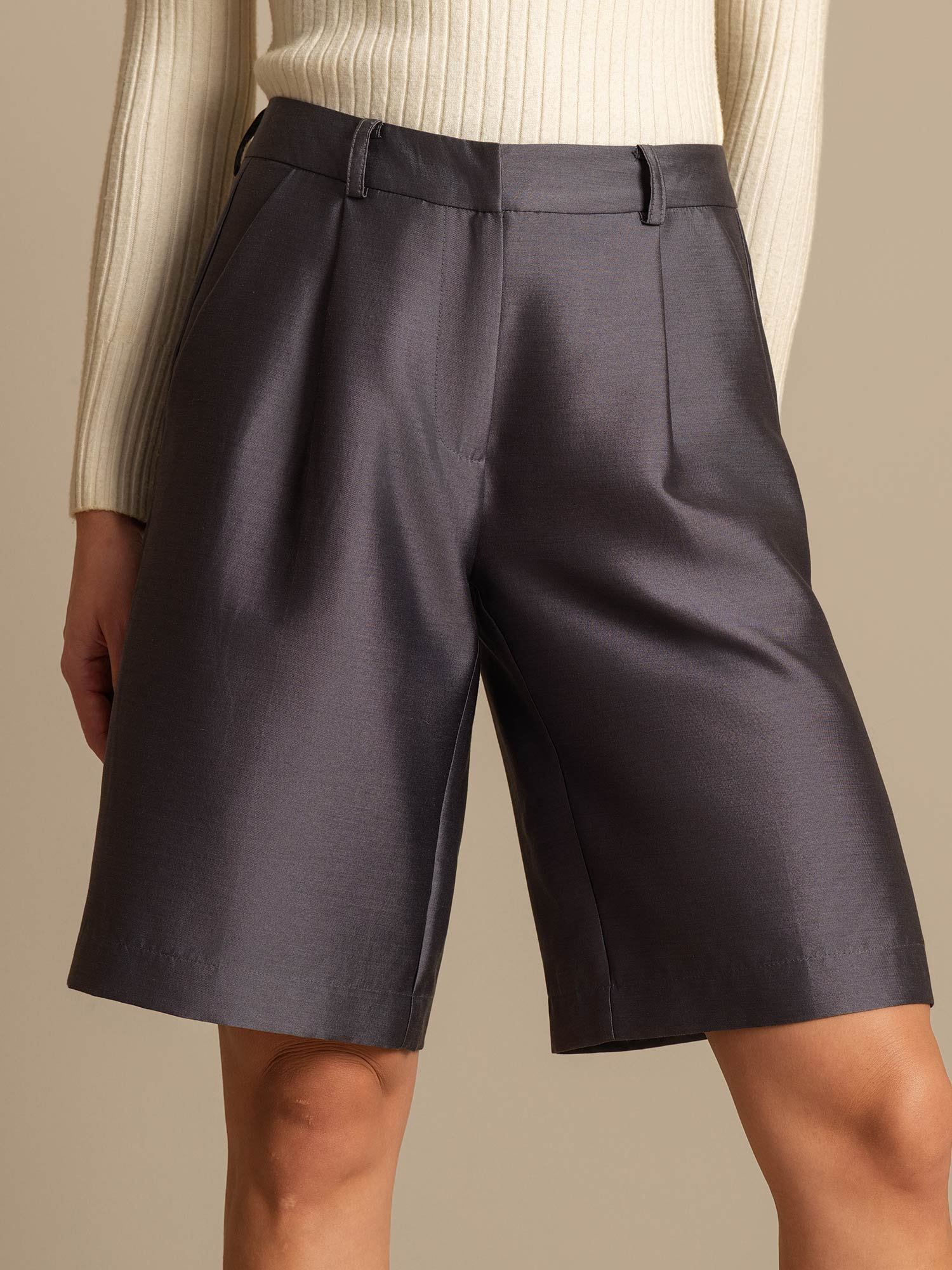 [Grå] SilkSilky-NO 32Momme Silk-Wool Blend Womens Shorts 004,