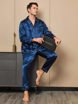 [Mørke blå] SilkSilky-NO Long Sleeve Lapel Collar Pyjamas for menn 001