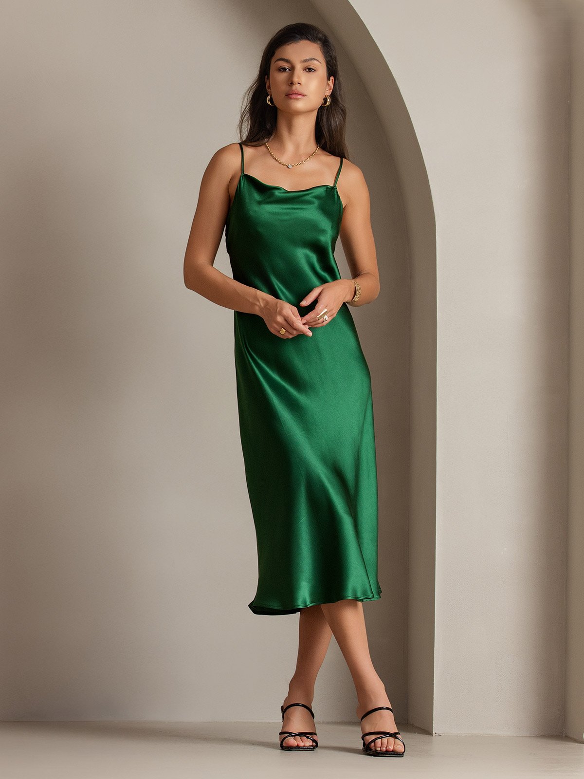 SilkSilky US Pure Silk Sleeveless Cowl Neck Dress Green 001