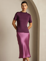 [Lilla] SilkSilky-NO 100% Silk Jersey Short Sleeve Falsk Krage T-skjorte for Kvinner 008