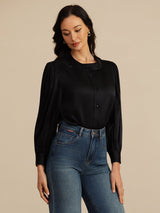 [Svart] SilkSilky-NO 19Momme Long Sleeve Round Neck Bluse 001