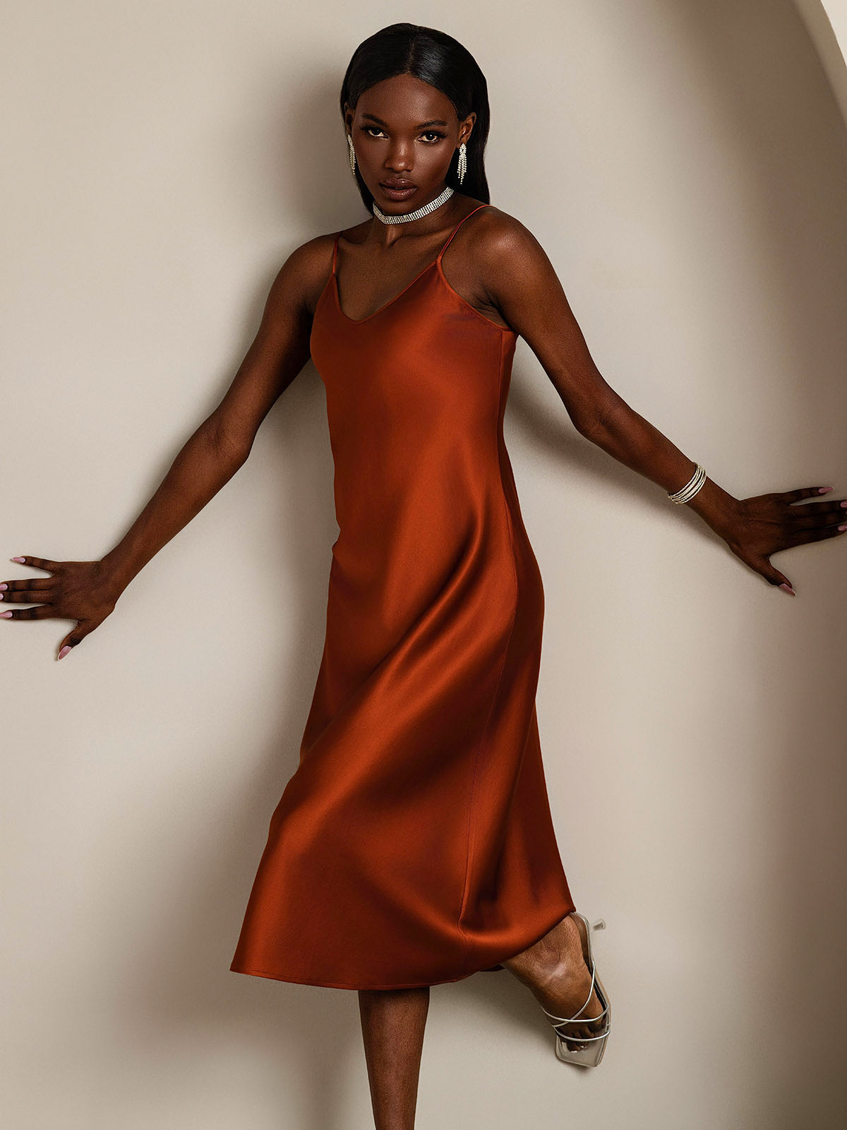 [Karamell] SilkSilky-NO Pure Silk Sleeveless Round Neck Kjole 006