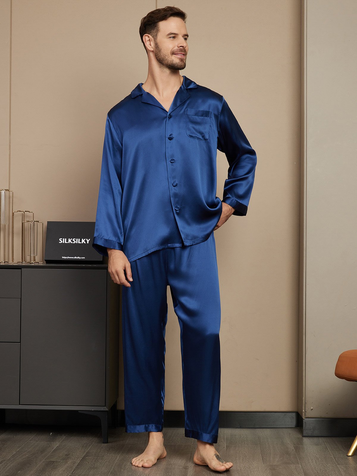 SilkSilky US Pure Silk Long Sleeve Mens Pajamas DarkBlue 005