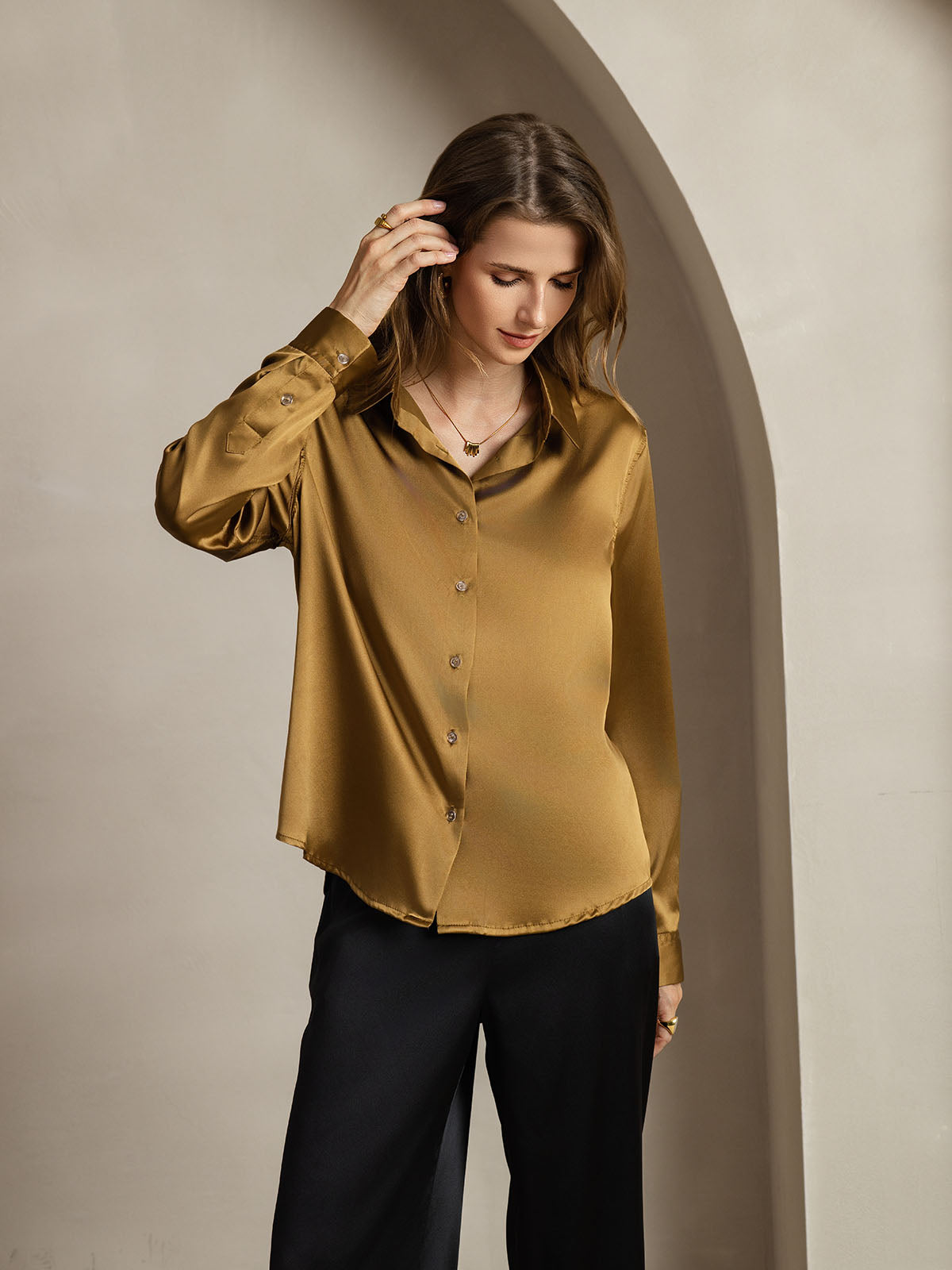 [Bronse] SilkSilky-NO Silke Lapel Collar Skjorte for Kvinner 001